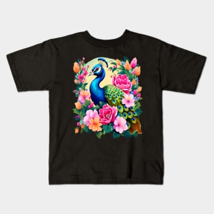 A Cute Peacock Surrounded by Bold Vibrant Spring Flowers Kids T-Shirt